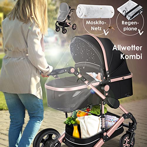 KESSER® Poussette Loops 3 en 1 Poussette combinée Set complet incl. Nacelle et siège sport buggy et siège auto cosy - Pneus pleins en caoutchouc