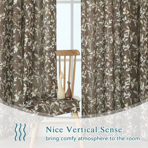 Image of Chyhomenyc Light Filtering 84 Inch Window Curtains - Linen Blend Floral Printed Curtains Drapes for Living Room, Soft Farmhouse Curtain for Bedroom, 52Wx84L Inch, 2 Panels, Chocolate