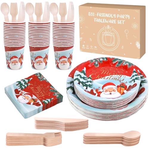 Set de platos y vasos de papel Anstore para 25 invitados, ​200 piezas de vajilla desechable, set de vajilla para fiestas de Navidad con cubiertos desechables de madera, platos de papel, servilletas y
