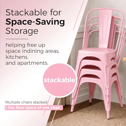 Image of Metal Dining Chairs with Backrest, Stackable, Pink, 4 Pack | Easy Assembly, Non-Slip Feet, 330 lb Capacity, Kitchen, Restaurant, Cafe, Pub, Covered Patio