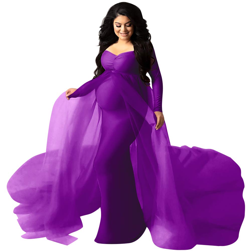 Women's Long Sleeve Off Shoulder Maternity Maxi Photography Dress Tulle Wedding Mermaid Gown for Photoshoot Baby Shower