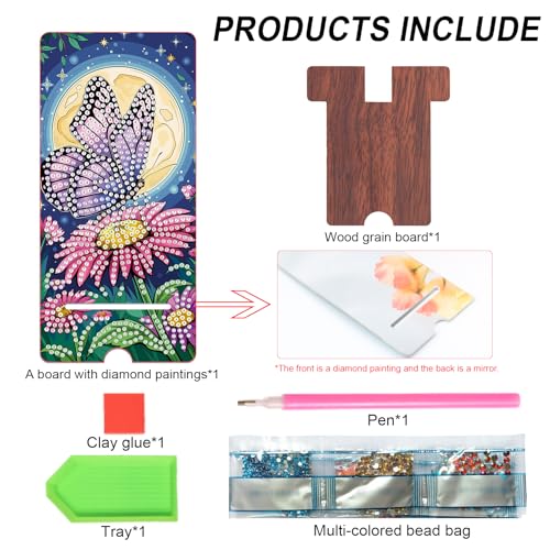 Image of Butterfly Diamond Painting Phone Stand with Mirror, Floral DIY Wooden Diamond Art Desktop Holder, 2-in-1 Multi-Functional Tabletop Ornament for Home and Office