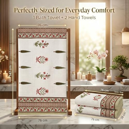 Image of Mafatlal Madhuban Premium Waffle Cotton Set (1 Bath 147x76 cm + 2 Hand 76x38 cm) | 250 GSM | Soft & Absorbent | Porcelain