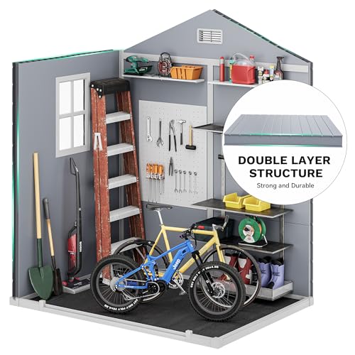 Image of DWVO 6x4.4 FT Outdoor Resin Storage Shed with Reinforced Floor, All-Weather Bike Storage Shed with Lockable Door, Window and Vent, Waterproof Plastic Tool Storage for Garden, Backyard, Patio, Lawn
