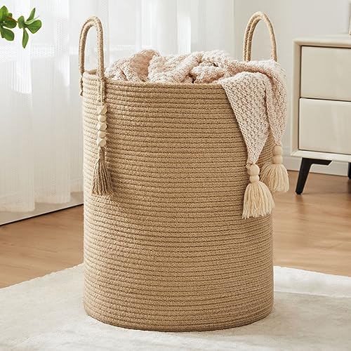 Image of Jute Woven Rope Laundry Hamper, Tall Laundry Basket for Blanket Storage, Large Dirty Clothes Hamper for Toys, Decorative Baby Nursery Hamper for Bedroom, Living Room - Jute Brown, 58L