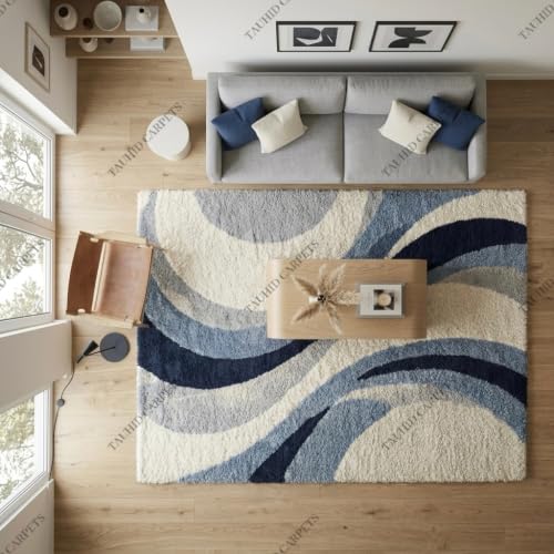 Image of Tauhid Carpet Super Soft Microfiber Shaggy Area Rug Modern Abstract Blue & Cream Plush Carpet | Fluffy Floor Rug for Living Room, Bedroom 6x9 Feet.