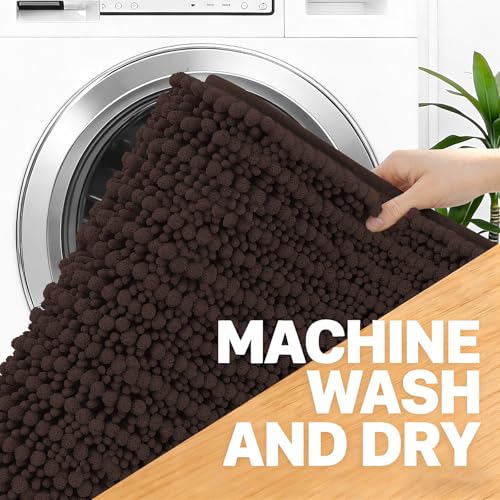 Image of OLANLY Long Bathroom Rugs Runner 59x24, Thick Soft and Absorbent Chenille Bath Mat, Non-Slip, Machine Washable Quick Dry Bath Rugs for Tub Shower Floor, Home Decor Accessories, Brown