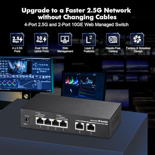 Image of MokerLink 10G Easy Web Managed Switch, 4x2.5G, 2x10G RJ-45 Base-T Ports, Support LACP /VLAN /QOS /IGMP, Metal Web Managed Fanless Network Switch