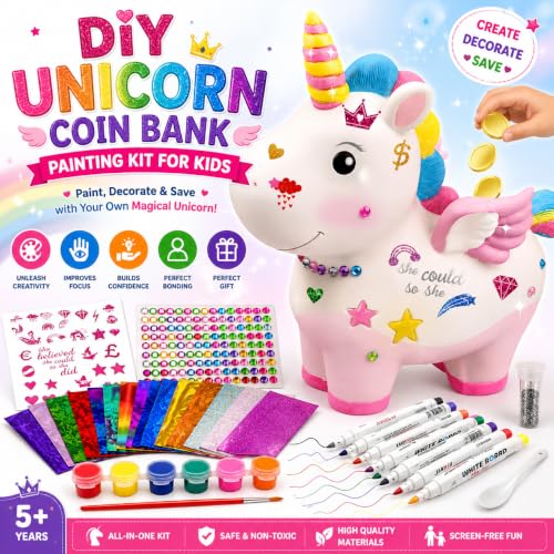 Image of PLUSPOINT DIY Unicorn Coin Bank Painting Kit for Kids Ages 5+ Paint Your Own Piggy Bank Craft Set with 6 Paints, 12 Magic Floating Pens, Metallic Foil Sheets, Stickers, Gems & Glitter, Creative Gift