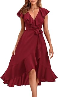 Women's 2025 Summer Cross Midi Dress Casual Boho Deep V Neck Short Sleeve Ruffle Hem Split Beach Long Dresses