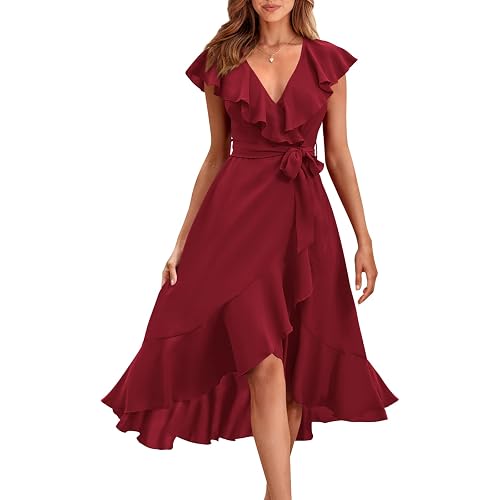 PRETTYGARDEN Women's 2025 Summer Wrap Midi Dress Casual Boho Deep V Neck Short Sleeve Ruffle Hem Split Beach Long Dresses