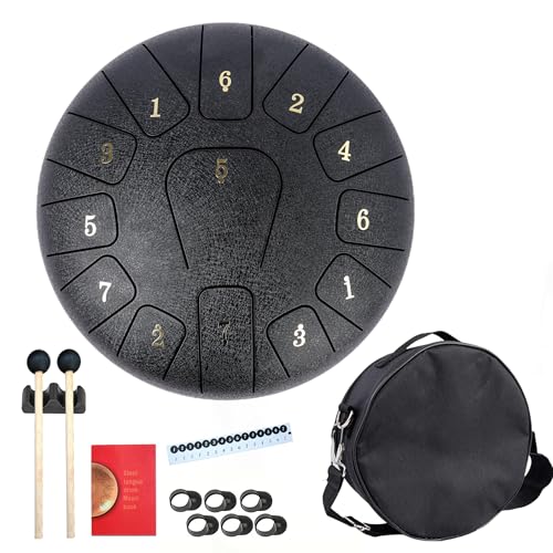 13-Note Steel Tongue Drum - 10 Inch Outdoor Garden Rain Drum Hand Pan Drum with Carry Bag, Mallets & Music Book, Music Gift for Family and Friends (Black)