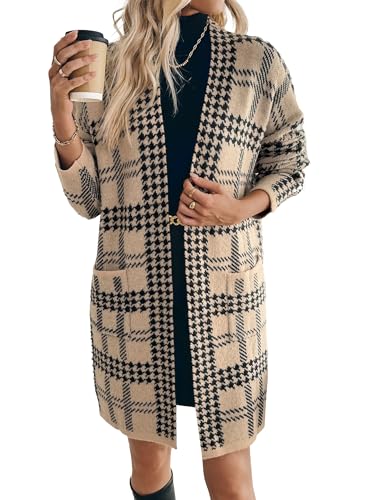 Womens Oversized Thick Houndstooth Pocket Long Cardigan Fall 2024 Ladies Dressy Casual Open Front Sweater Coats