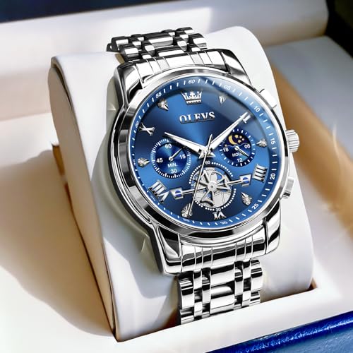 Image of OLEVS Men Watches Stainless Steel Chronograph Watch, Large Wrist Analog Quartz Watch, Fashion Waterproof Diamond Roman Numerals Dress Watches for Men, Gold /Black /White /Blue /Grey Dial