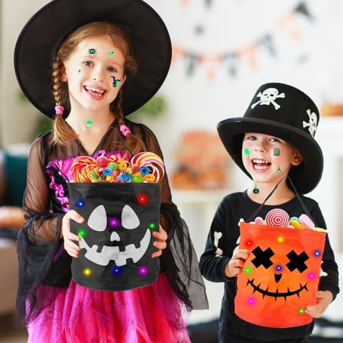 LETTERASHQP 2 Stück Halloween Korb Halloween Eimer für Süßigkeiten Halloweensüßigkeiten Tasche Halloweens Eimer led Leuchtende Halloweens Tasche Kinder für Süßigkeiten mit Silikonarmbänder