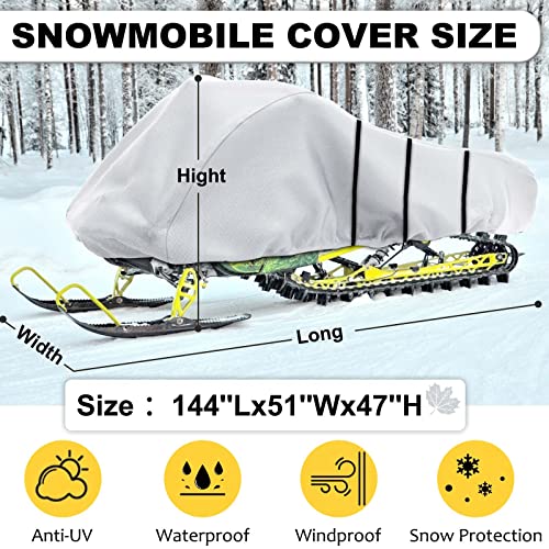 Akefit Snowmobile Cover,Waterproof Storage Cover For Polaris/Skidoo/Arctic Cat Snowmobile, Fade Resistant Snowmobile Storage Cover, Snowmobile Snow Machine Sled Cover (Silver, 144" L X 51" W X 47" H) #TOP1