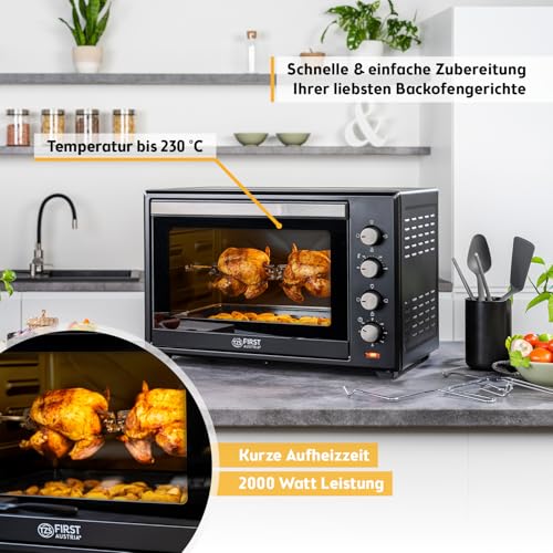 TZS First Austria - Minibackofen 60L 2000W - Mini Backofen Pizzaofen Temperaturregelung bis 230°C & 6 Modi - Geräumiger Miniofen mit 60 Min. Timer, 4 Einschubhöhen, Backblech, Grillrost & Drehspieß – Bild 3