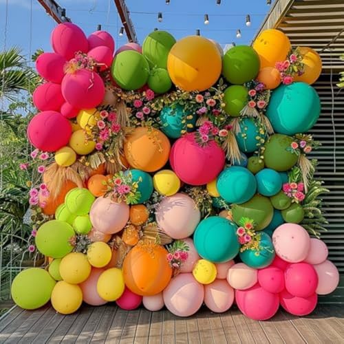 Image of Tropical Hawaiian Balloons Set, 65Pcs 12In Summer Party Balloons with Hot Pink Green Orange Yellow Teal Blue for Hawaiian Summer Birthday Party Decorations