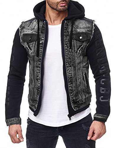 Veste en denim pour homme bi-matière avec manches en similicuir noir