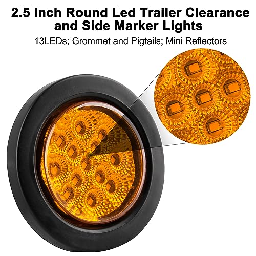 2.5\" Round LED Marker Lights 13 LEDs w/Reflectors, 10 Amber + 10 Red 2 1/2\" Round LED Trailer Marker Lights Truck RV Side Clearance Marker Lights Sealed Flush Grommets Mount w/2 Prong Wire Pigtails - Thumbnail 3