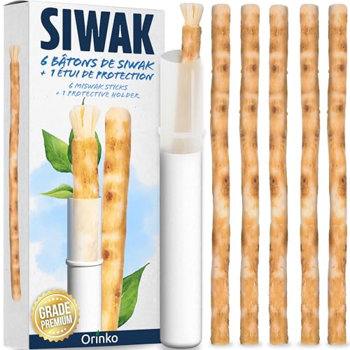 ORINKO® Miswak Natural x6 con Estuche Reutilizable - Cepillo de Dientes Ecológico para Blanqueamiento Dental - Raíz de Salvadora Persica para Higiene Bucal - Alternativa Cero Waste y Vegana