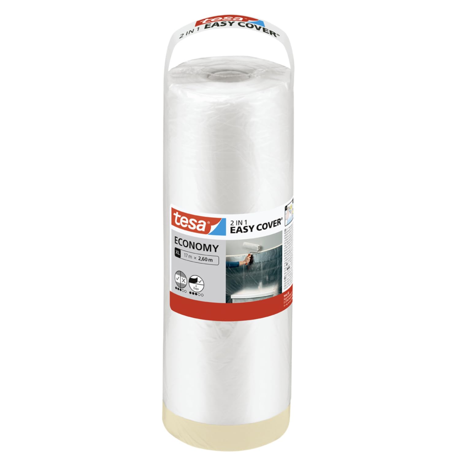 tesa Easy Cover UNIVERSAL folia malarska 2w1 - ochronna folia malarska oraz taśma maskująca zabezpieczająca krawędzie - 17m x 2,60m