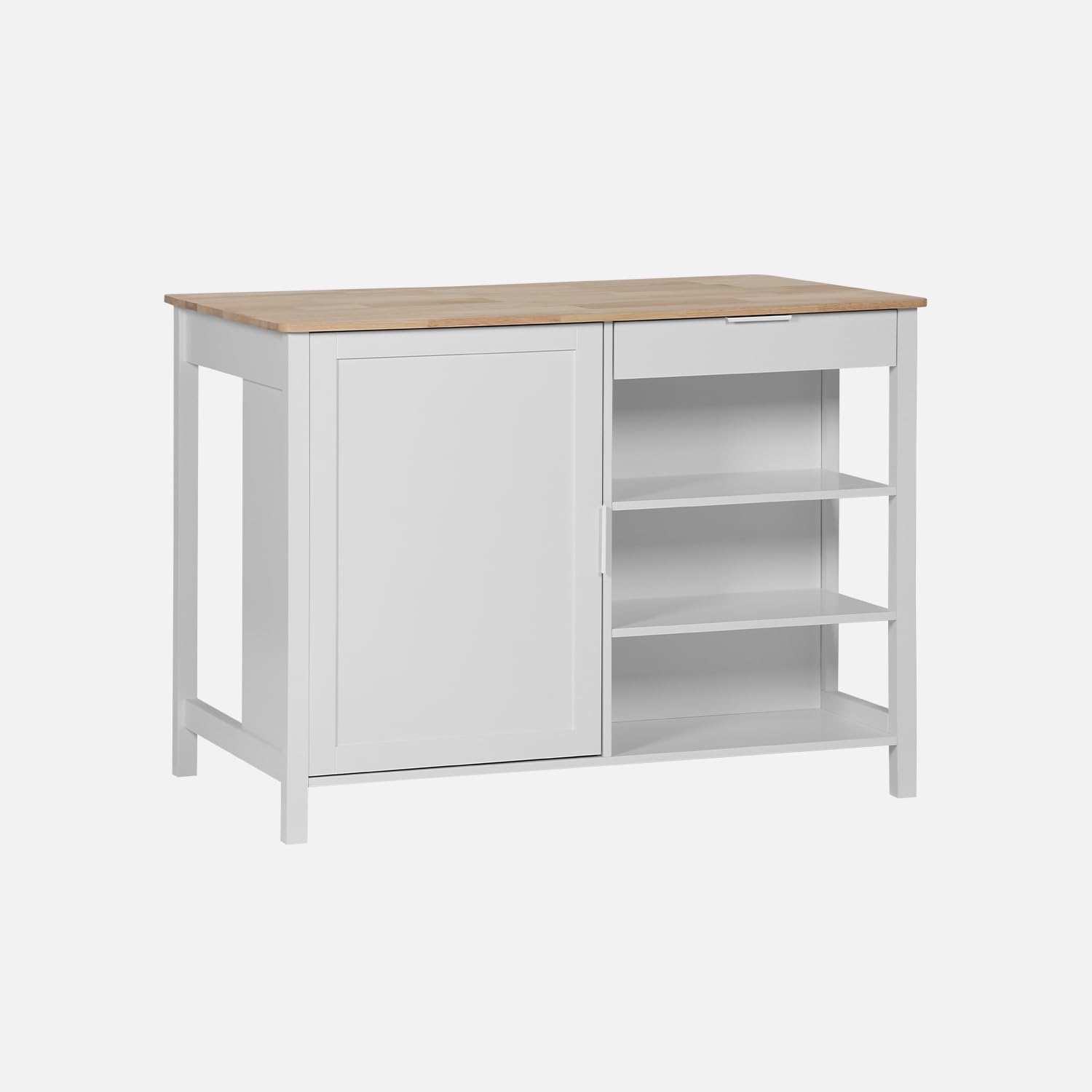 sweeek - Îlot Central de Cuisine MOLENE. Plateau en Bois d'hévéa. 120x75cm. Blanc. 5 étagères. 1 Porte. 1 tiroir. L 120 x P 75 x H 90cm