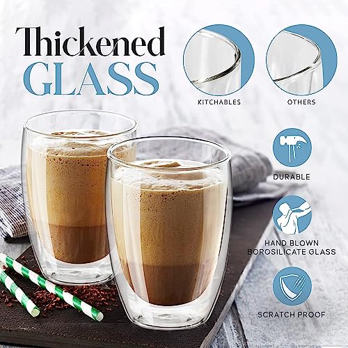 Image of KELVEE Double Wall Thermal Insulated Glass Coffee Mugs Set of 2, Transparent Drinking Glasses Iced Tea Cups for Latte, Cappuccino, Mocha, Juice, Hot & Cold Beverages (350ml)