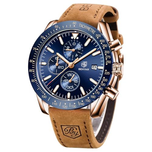 BENYAR Classic Fashion Quartz Chronograph Watch Casual Sport 30M Waterproof Leather Band Mens Watches