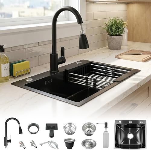 WUDLEP 50x45cm Black Kitchen Sink, Stainless Steel Single Bowl Sink, Drop-in Workstation Basin with Sliding Accessories, Ideal for Family, Commercial Kitchen