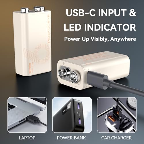 ENEGONPOW 9V wiederaufladbare Akkus, 2er-Pack 1000mAh 3,7V Lithium-Ionen mit USB-C-Ladung & LED-Anzeige für Rauchmelder, Mikrofone, Alarmanlagen, Taschenlampen