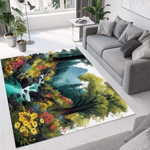 Tapis salon lavable 150x210 cm vert sauge paysage fantastique poil ras