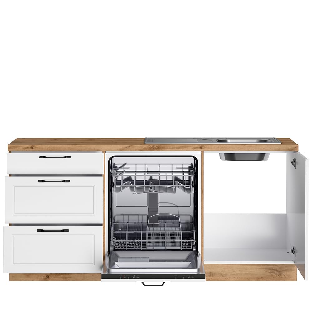 Lomadox Winkelküche Küche Einbauküche Küchenzeile L-Form 300/240 cm mit E-Geräten in weiß und Eiche, Arbeitsplatte in Eiche, inkl. Dunstabzugshaube, Herd, Backofen, Geschirrspüler, Kühlgefrierkombi