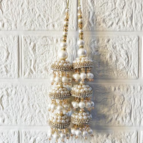 Image of Adikala Craft Store Handmade Ethnic Latkan Tassel Set of 2 for Saree Pallu, Blouse, Suits, Dupatta, Lehenga Decor | Ethnic Saree Pallu, Blouse, Suit, Dupatta & Lehenga Decoration (White Glitter D3)