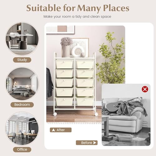 Image of LDAILY 10 Drawer Rolling Cart, Storage Cart Organizer on Wheels, Drawer Cart with Metal Frame & Large Storage Capacity, Rolling Cart with Drawers for Living Room Classroom, Office