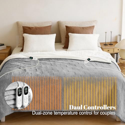 Image of IUUI Heated Blanket Electric King Dual Controller- 90x100 Inches Soft Flannel Heating Blanket,Fast Heating Blanket 6 Heating Levels & 2 Hours Auto Off ETL Certification (Silver Grey, King)