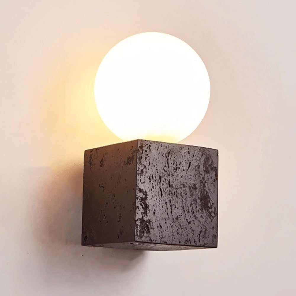 Modern Travertine Wall Sconce Cube Wall Light White Glass Globe Shade Natural Stone Wall Lamp Bathroom Living Room Bedroom Hallway Vanity Indoor Decorative Lighting Modern Home Accent(Black Walnut)