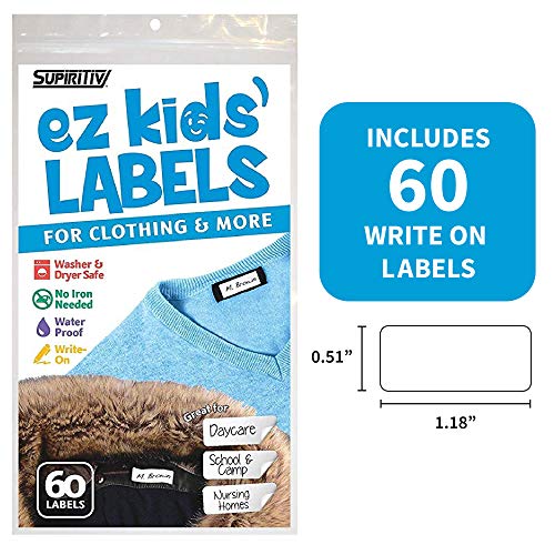 Ez Kids Clothing Labels Self-Stick No-Iron Write-On | Great for Children & Adults | Washer & Dryer Safe | School, Camp, Nursing Care, Toys, Organizing, All Purpose (60-Pack)