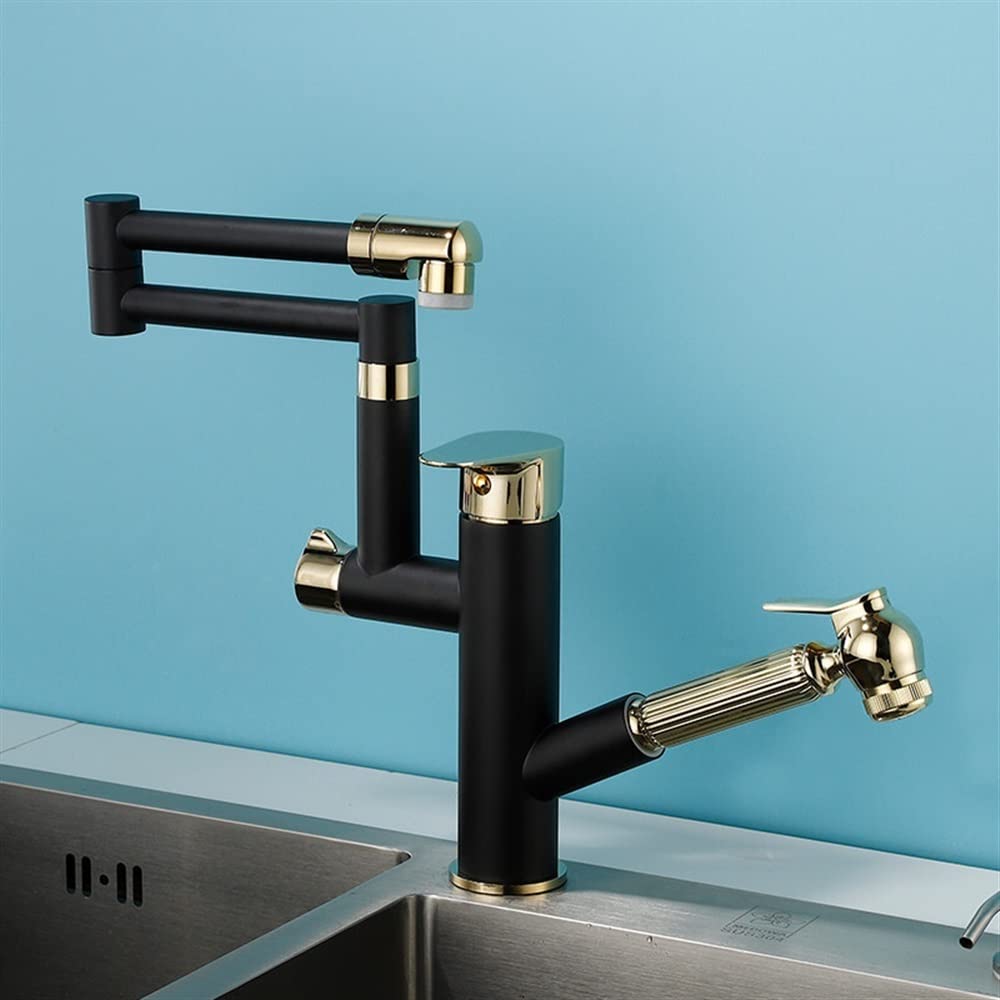 SnamicE Kitchen Tap Mixer Kitchen Sink Faucets, Hot & Cold Soild Brass Mixer Tap, Pull Out Single Handle Deck 360 Degrees Rotating Faucet,Black Gold S