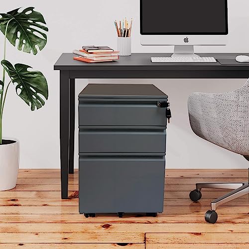 Mobile 3-Drawer Metal Filing Cabinet for Legal & Letter Files - Fully Assembled (Grey)