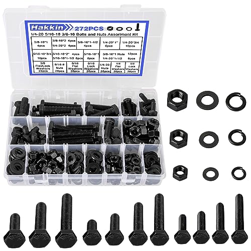 272PCS Hex Bolts and Nuts Kit, 1/4, 5/16, 3/8 Hex Bolts Screws Nuts Flat Lock Washers Assortment Kit, Carbon Steel Machine Screws Set Grade 8.8 (Black)
