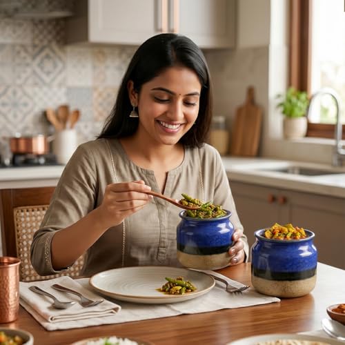 Image of The Earth Store Rustic Blue Ceramic Jar Set of 2 (800ML) kitchen storage containers, airtight jars for kitchen, Ideal for Spices, Sugar, Cookies & Pickle Storage