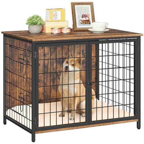 MAHANCRIS Hundekäfig Möbel, 80 cm Hundebox mit Kissen, 2 Tür, Doppeltür, Holzwerkstoff, für Kleine/Mittelgroße/Große Hunde, 80 x 55 x 65 cm, Hundekäfig für Zuhause, Vintagebraun ADCHR0701Z1
