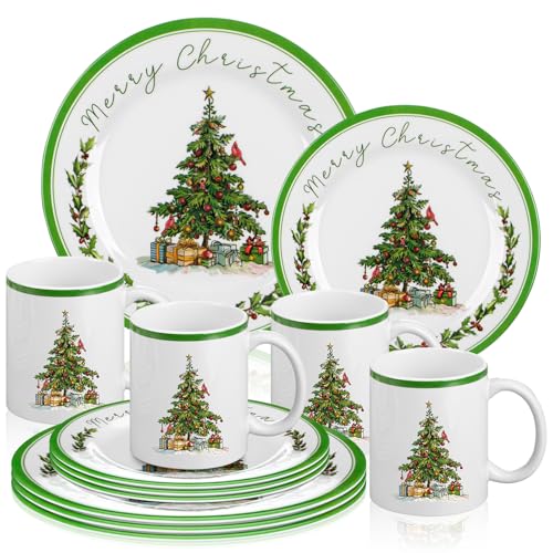 Teenyyou 12 Pcs Christmas Tree Dinnerware Set Service for 4 Include 10'' Dinner Plate and 8'' Dessert Plate Ceramic Mug for Xmas Party, Gift for Christmas