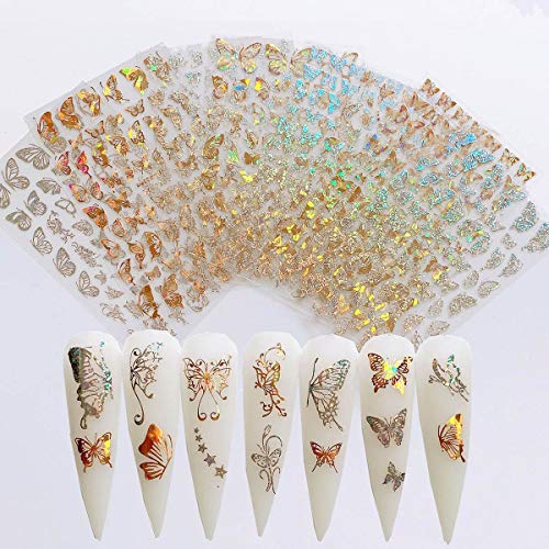 Butterfly Nail Art Decals Sticker Nail Art Supplies Gold Nail Art Adhesive Sticker Holographic Laser Butterfly Design Nail Foil 3D Luxury Butterflies Sticker for Acrylic Nails Decorations