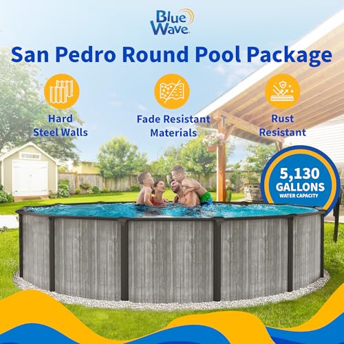 Image of Blue Wave San Pedro 15-ft Round 52-in Deep Above Ground Swimming Pool - Steel Top Rails, Sand Filter, Skimmer, Liner, A-Frame Ladder & Maintenance Kit - Complete Outdoor Pool Accessories