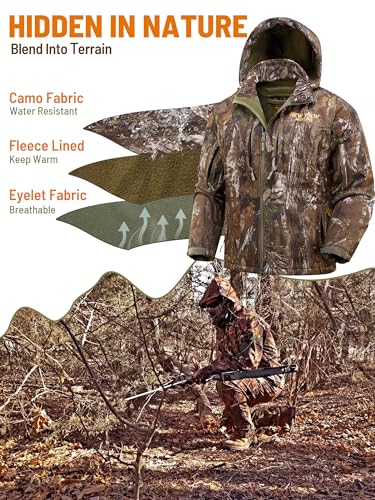 Image of NEW VIEW Camo Hunting Jackets for Men, Warm Fleece Lined Hunting Jacket with Hood, Quiet Water Resistant Hunting Clothes