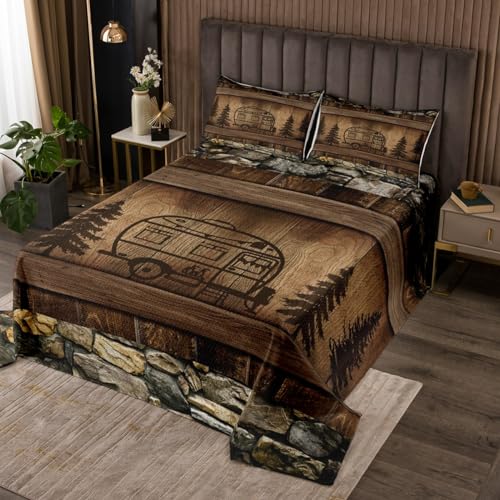 Erosebridal Kids Camper Twin Quilt Set Vintage Farmhouse Coverlet Set for Boys Girls, Happy Camping Bedding Set Rustic Lodge Cabin Bedspread Set, Brown Old Barn Door Bed Quilt