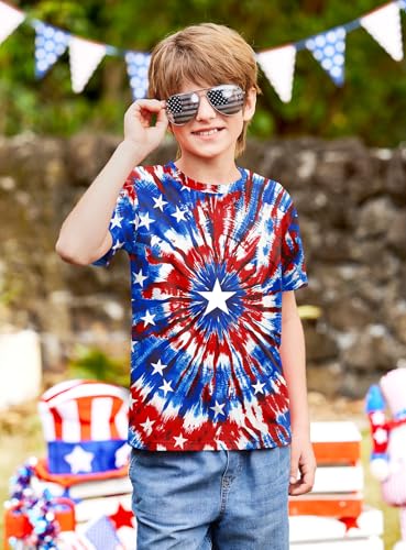 Image of BesserBay Unisex Kids 4th of July American Flag Tee Tie Dye Patriotic Short Sleeve Shirt 6-14 Years