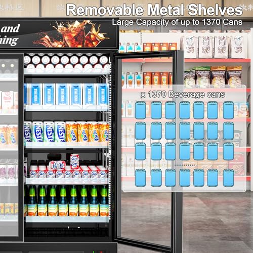 Image of Tylza Commercial Refrigerator, Double Glass Door Display Beverage Fridge, 26.49 Cu Ft Upright Beverage Cooler Merchandiser with Replaceable Advertising Light Board, Rebound Door, Fast Cooling, Black